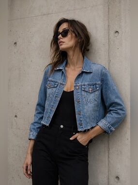 Gap 1969 Distressed Denim Jacket L Tall Raw Hem Medium Wash